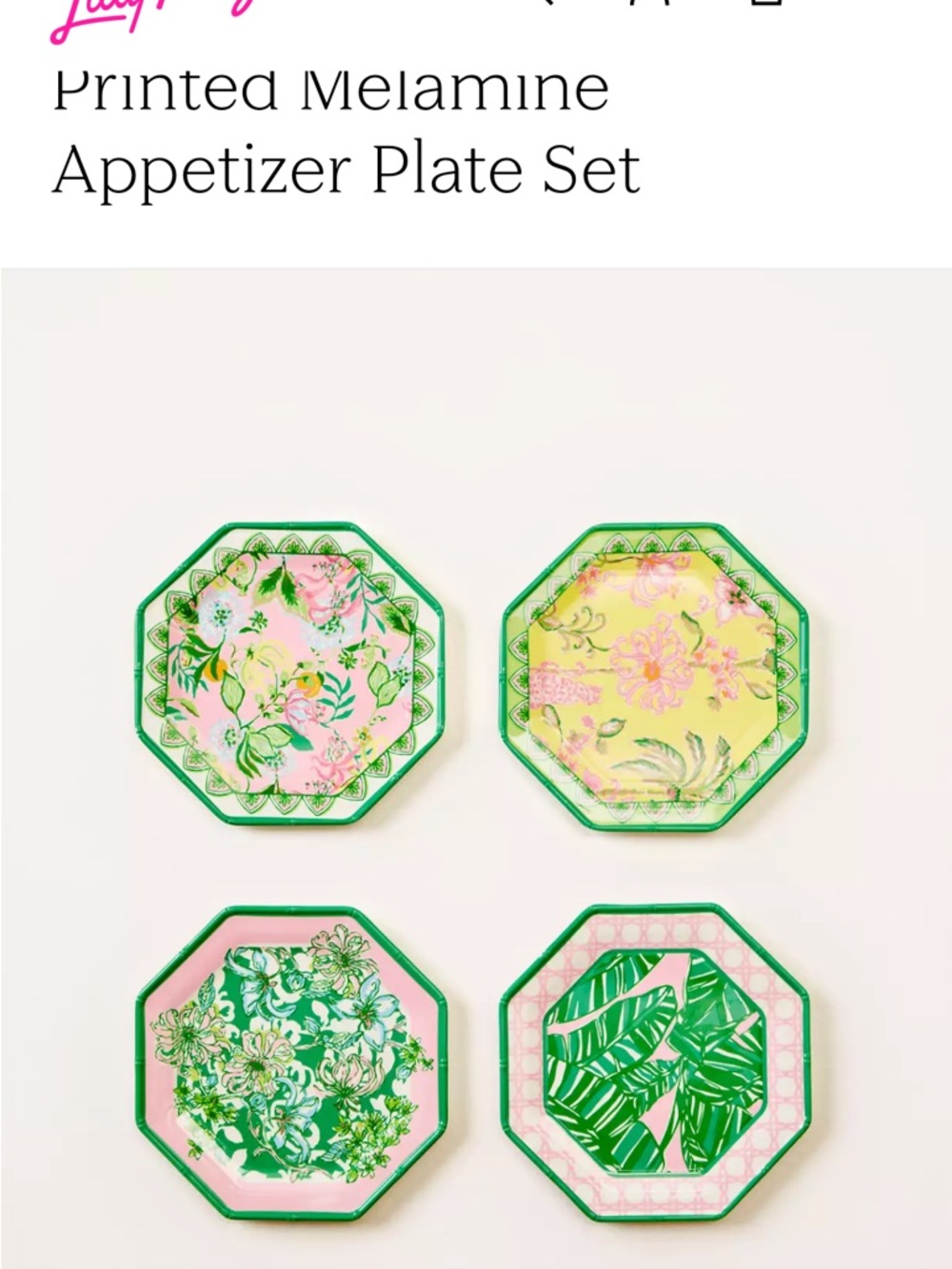 Lilly Pulitzer Pink, Green & Yellow Floral Octagonal plate set